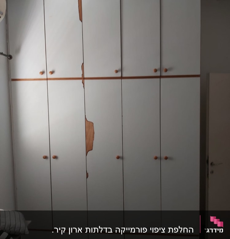 ארון עץ גבוה עם דלתות פגומות